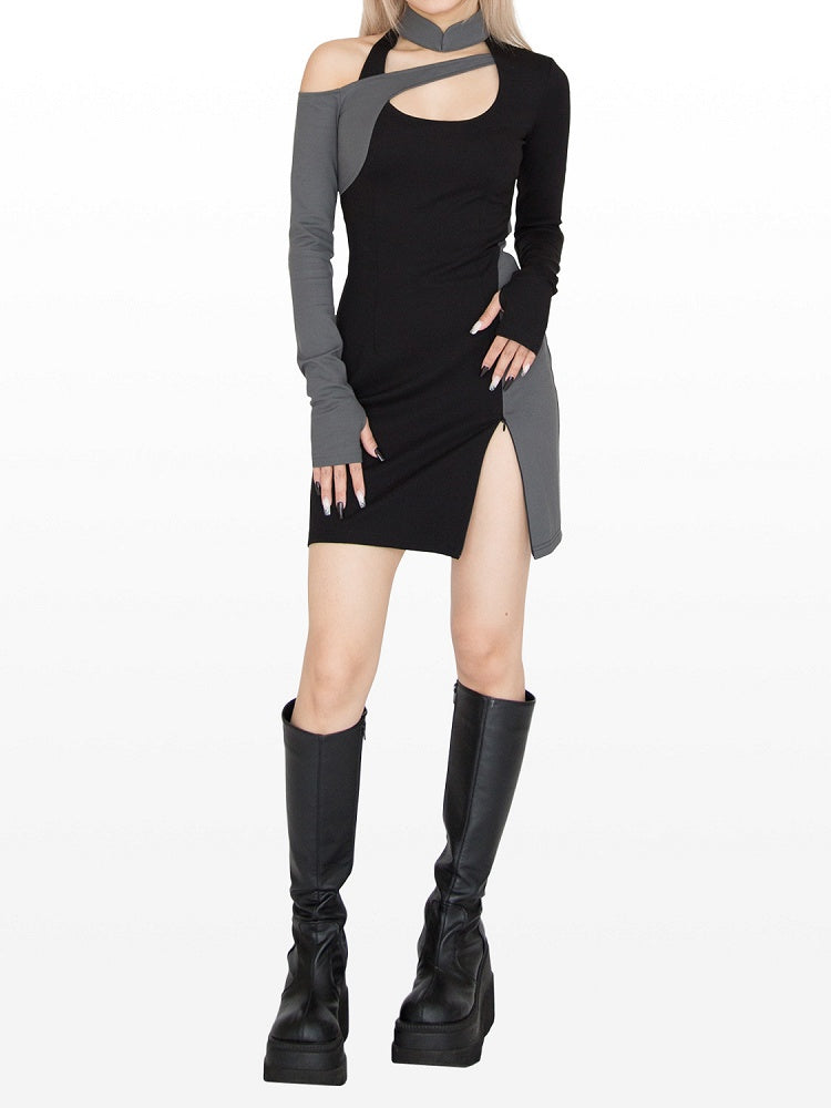Cyberpunk Black & Grey Banded Collar Cutout Detail Side Slit Glamorous Dress