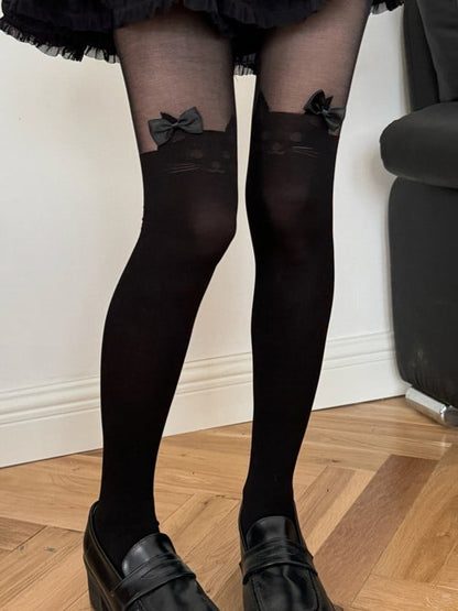 White/Black Lolita Kitty Print Bowknot Details Tights