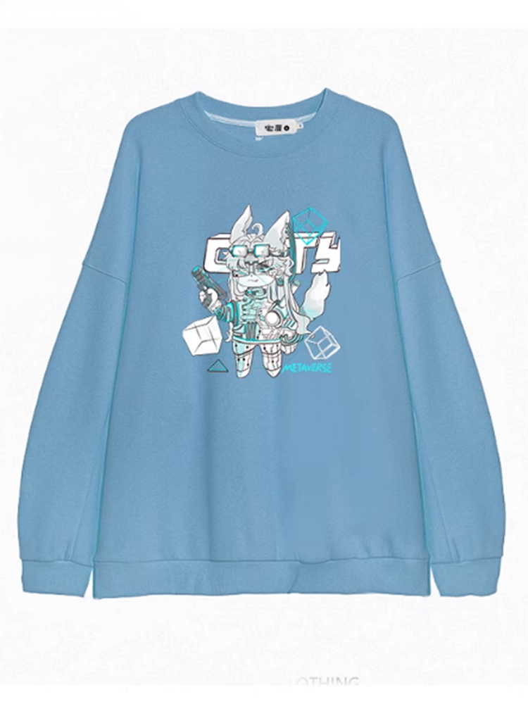 Black/White/Blue Round Neck Cyberpunk Sweatshirt