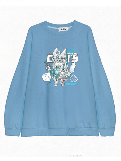 Black/White/Blue Round Neck Cyberpunk Sweatshirt