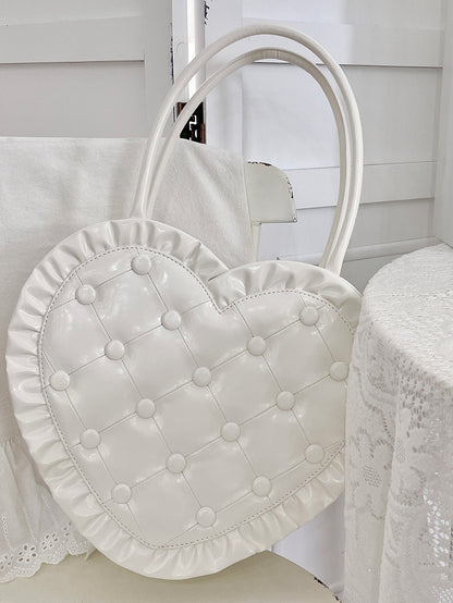 Quilted Heart-Shaped White Lolita Handbag with Ruffle Trim