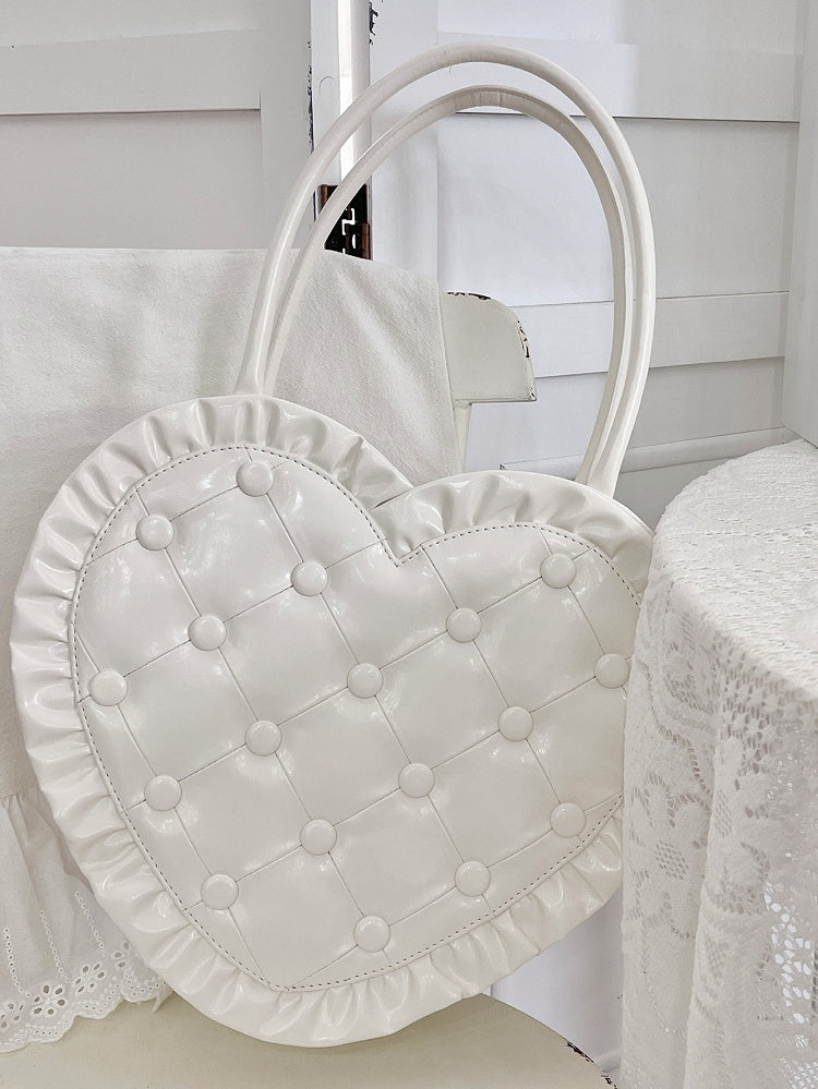 Quilted Heart-Shaped White Lolita Handbag with Ruffle Trim