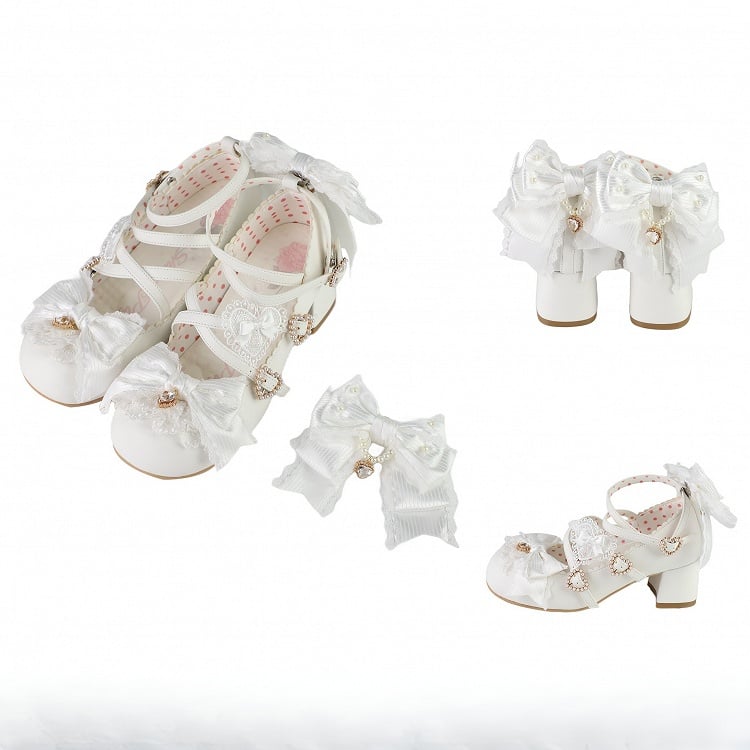White Sweet Lolita Bowknot Details Crisscross Design Heart Buckle Straps 5CM Block Heels Shoes