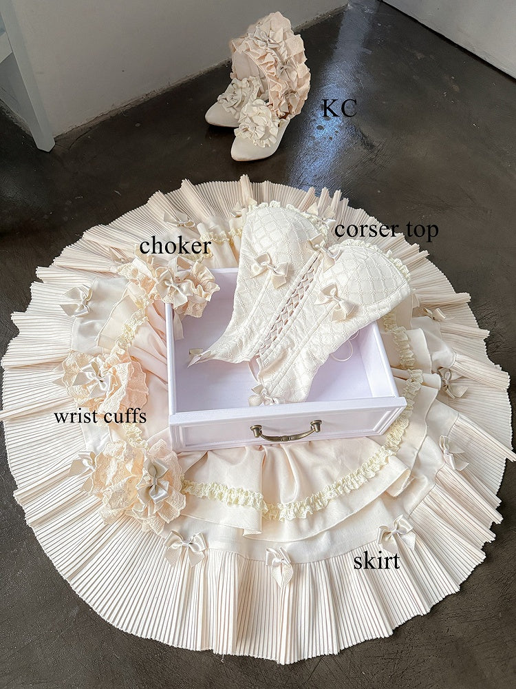 Cream-colored Sweet Lolita Diamond Pattern Corset Top + Skirt + Choker + Wrist Cuffs + KC Full Set