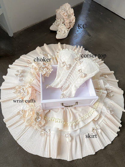 Cream-colored Sweet Lolita Diamond Pattern Corset Top + Skirt + Choker + Wrist Cuffs + KC Full Set