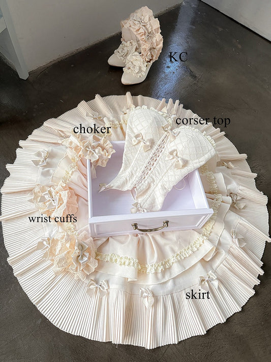 Cream-colored Sweet Lolita Diamond Pattern Corset Top + Skirt + Choker + Wrist Cuffs + KC Full Set