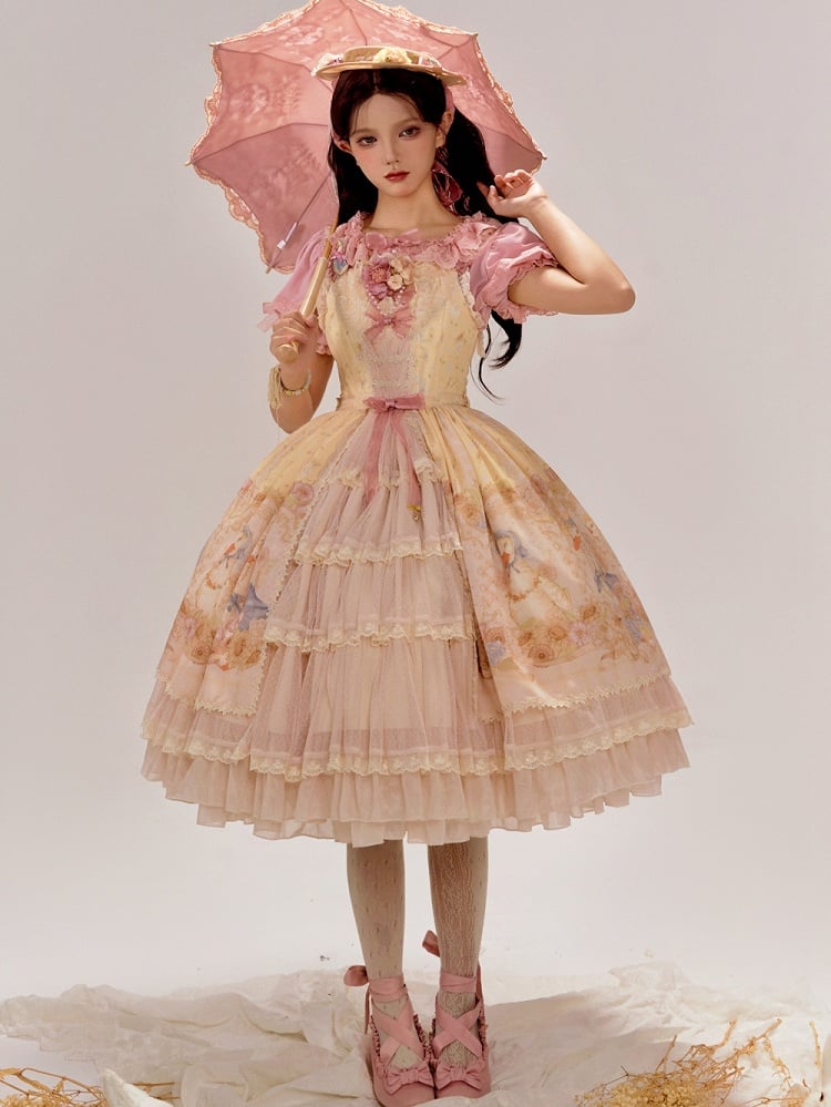 Clearance-Size XL for Bust 96-106CM Farm Ducks and Sunflowers Print Yellow Sweet Lolita Jumper Skirt