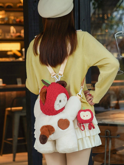 White Cute Kitty Heart Plush Backpack/Crossbody Bag + Red Apple Hat + Apple Backpack Keychian Middle/Large Size