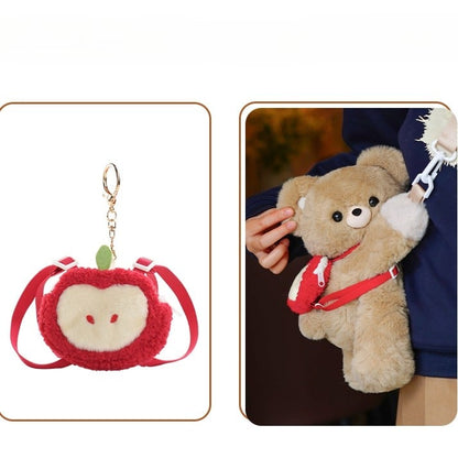 Khaki Bear Plush Backpack/Crossbody Bag +Apple Hat +Apple Keychain