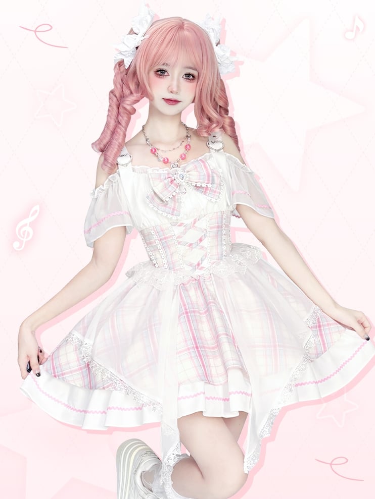Pink Plaid Off-the-shoulder Neckline Sweet Idol Lolita Jumper Skirt with Free Bowtie