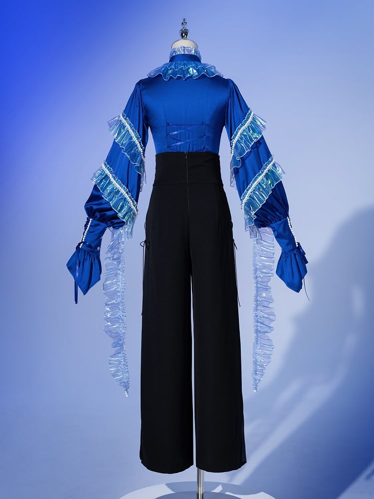 Deep Sea Blue Siren Cascading Ruffle Accents Bead Chain Long Sleeves Prince Shirt