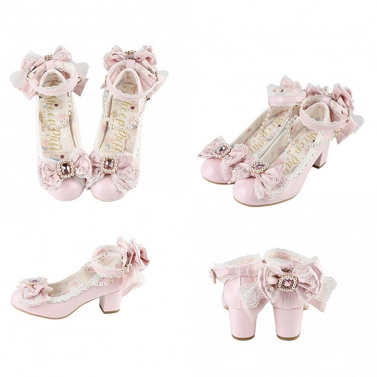 Pink Beaded And Rhinestone Decorated Bow at Top Lace Trim Mary Janes With Detachable Beaded Chain