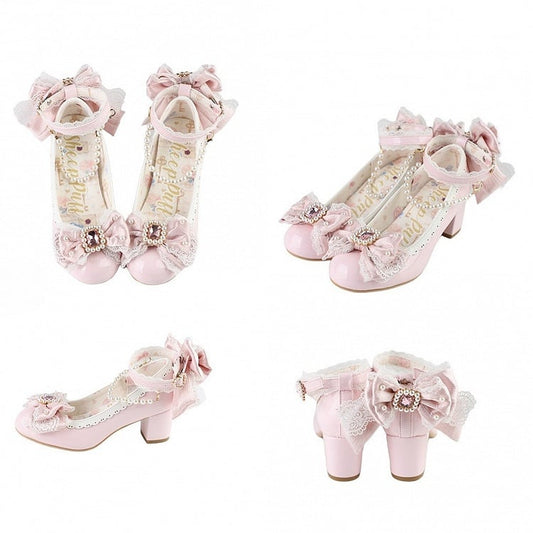 Pink Beaded And Rhinestone Decorated Bow at Top Lace Trim Mary Janes With Detachable Beaded Chain