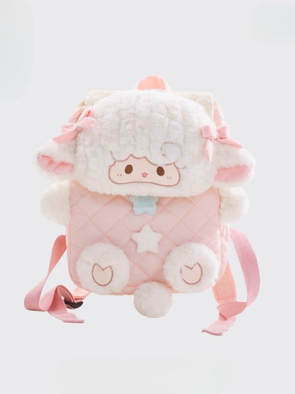 White&Pink Star And Bowknot Decorated Diamond Pattern Plush Lamb Flap Backpack