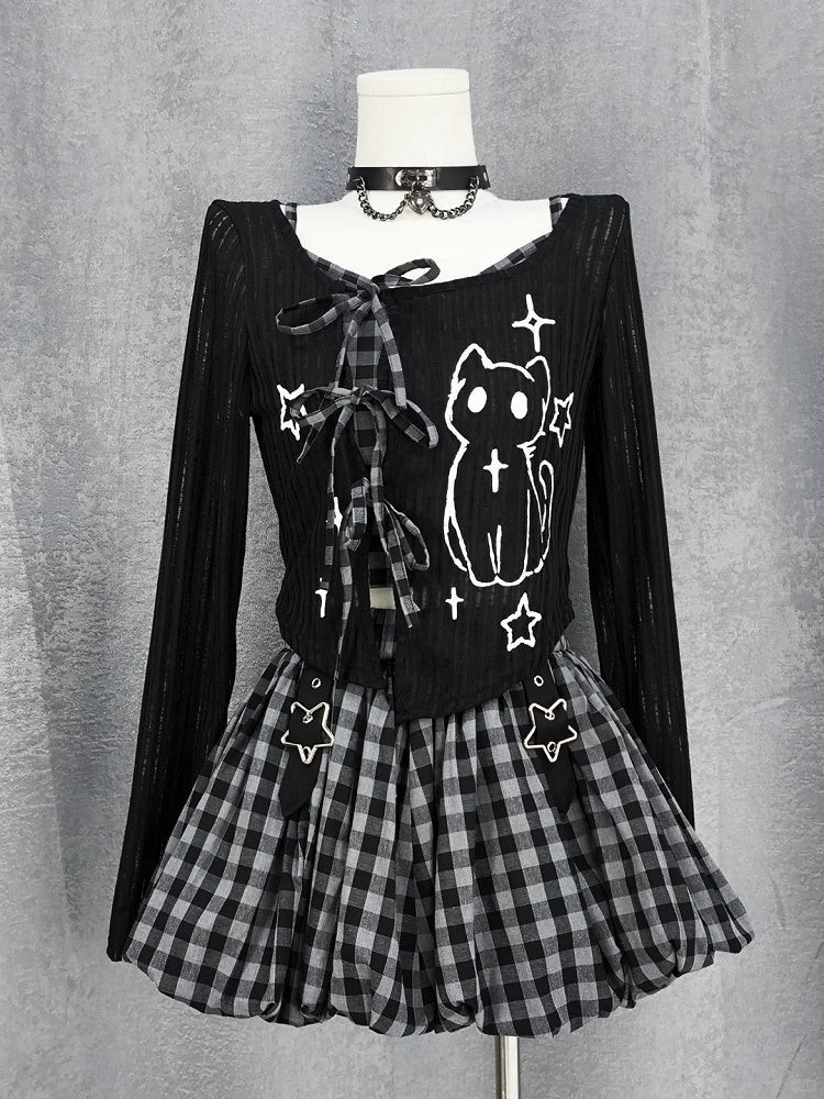 Y2K Star Buckles Black & Red / Black & Gray Plaid Bubble Skirt