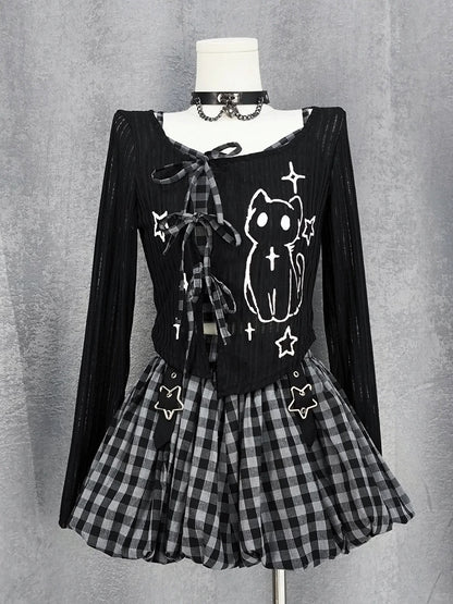Y2K Star Buckles Black & Red / Black & Gray Plaid Bubble Skirt