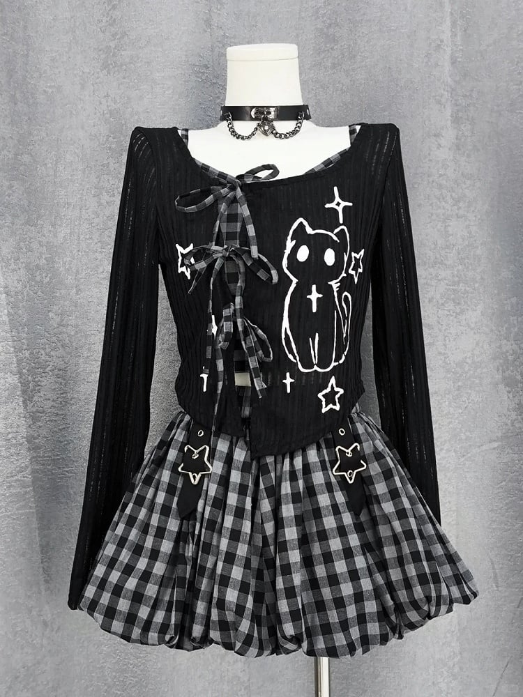 Y2K Star Buckles Black & Red / Black & Gray Plaid Bubble Skirt