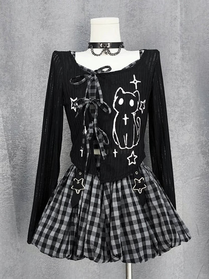 Y2K Star Buckles Black & Red / Black & Gray Plaid Bubble Skirt