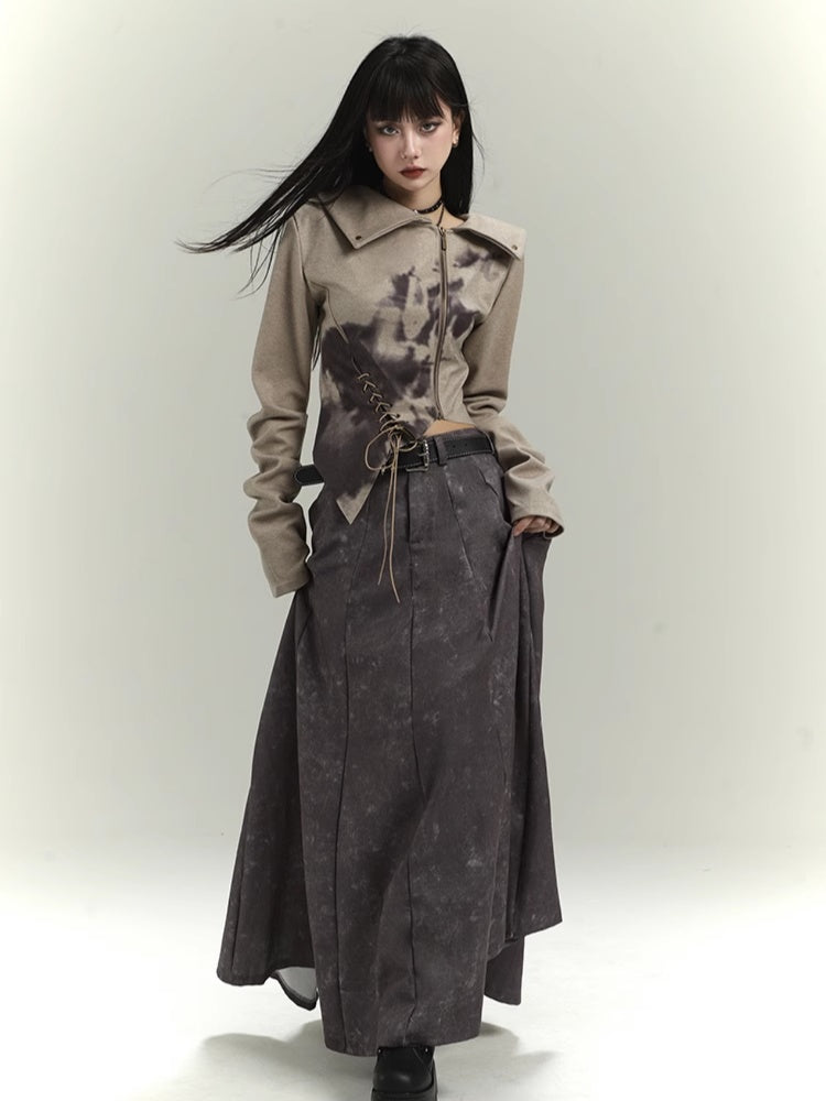 Wasteland Punk Khaki Asymmetrical Hem Cropped Jacket with Lace-up Detail at Front