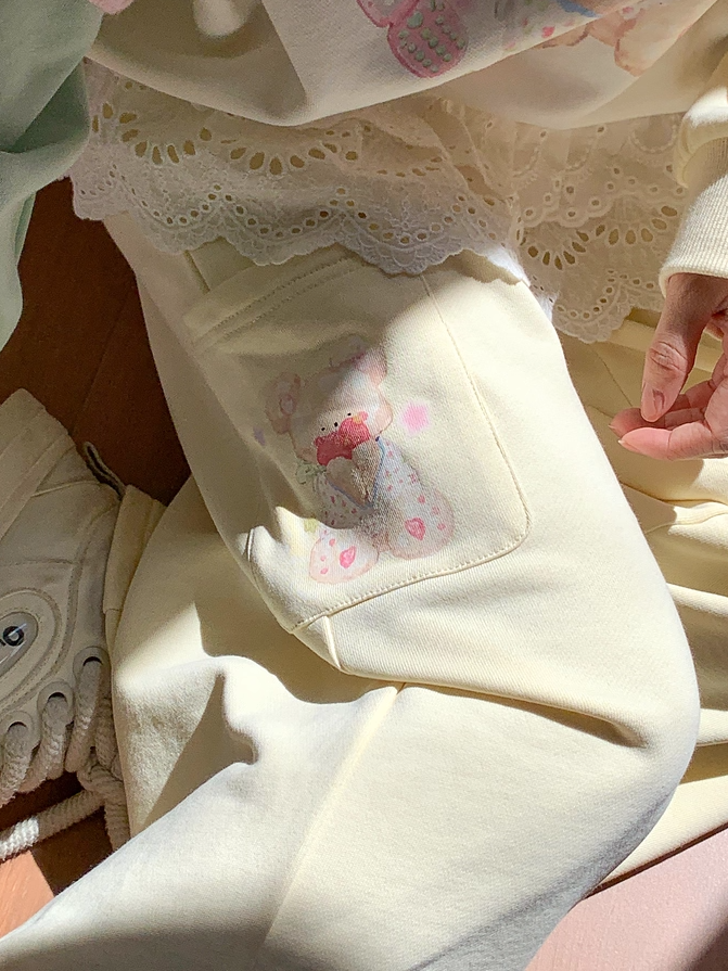 Creamy Yellow Elastic Waist Teddy Bear Print Wide-Leg Casual Pants Regular/Short Version