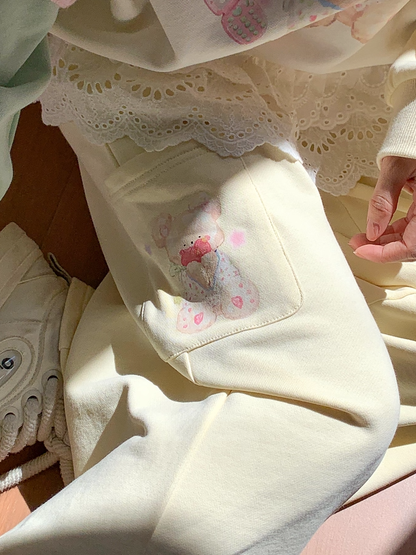 Creamy Yellow Elastic Waist Teddy Bear Print Wide-Leg Casual Pants Regular/Short Version