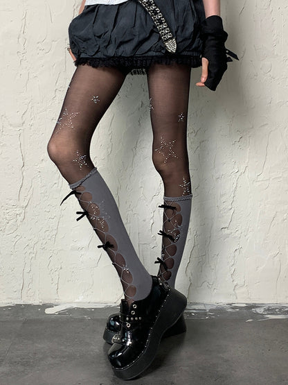 Gray Y2K Bowknot Details Cut-out Design Underknee Stockings