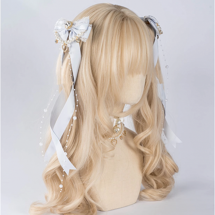 5 Colors Jirai Kei Heart Rhinestone Bow Hairclips with Beaded Chains