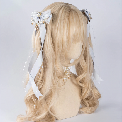 5 Colors Jirai Kei Heart Rhinestone Bow Hairclips with Beaded Chains