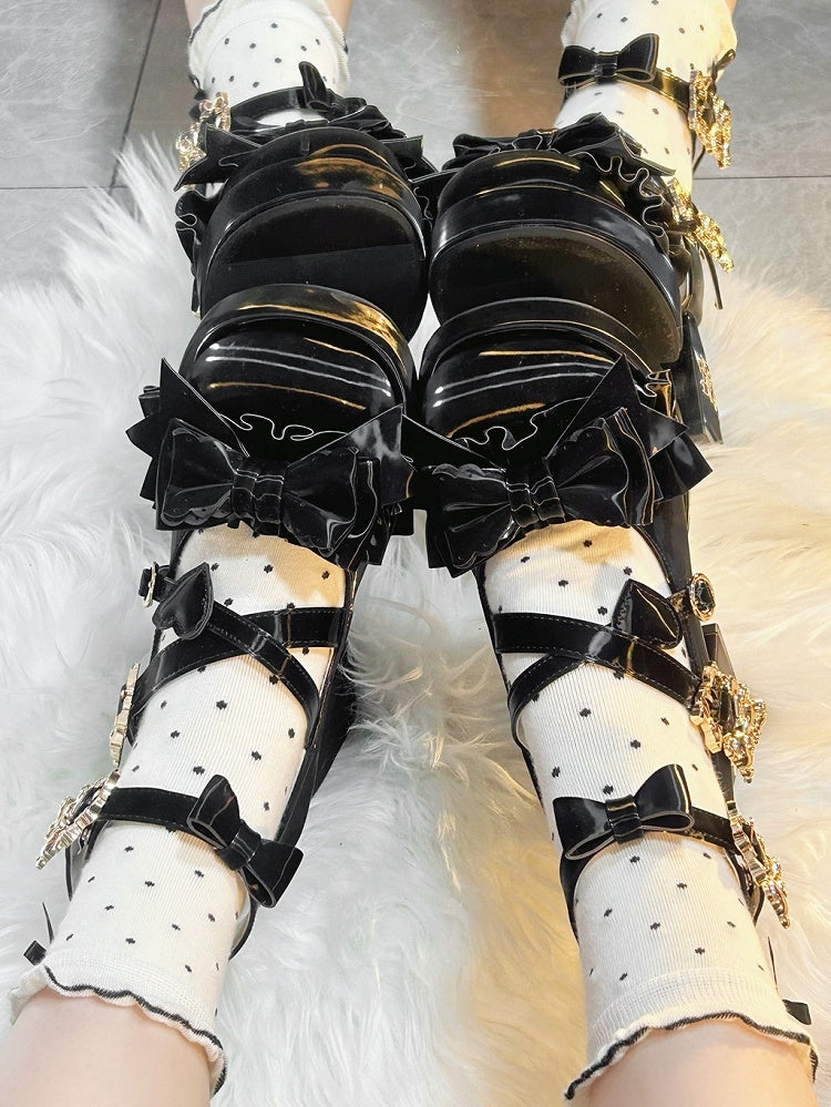 Black Bear Buckle Straps Bowknot High Block Heels with Bear Embroidery