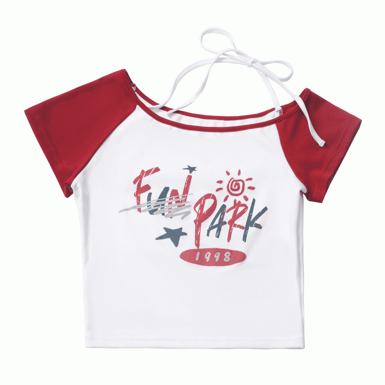 Red & White Colorblock Asymmetrical Neckline Graphic T-Shirt