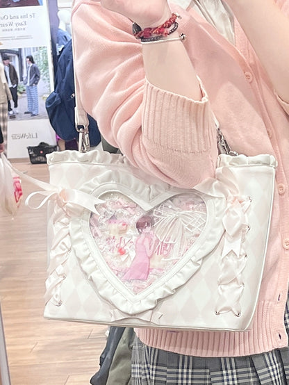 Pink Diamond Pattern Lace-up Design Ruffles Trim Heart PU Tota Ita Bag
