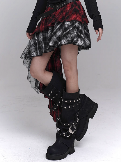 Red & Black Mesh Patchwork Asymmetrical Plaid Skirt with PU Buckle Belt