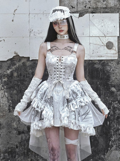 Grey Punk Corset Bodice Dress with Detachable Tulle Train