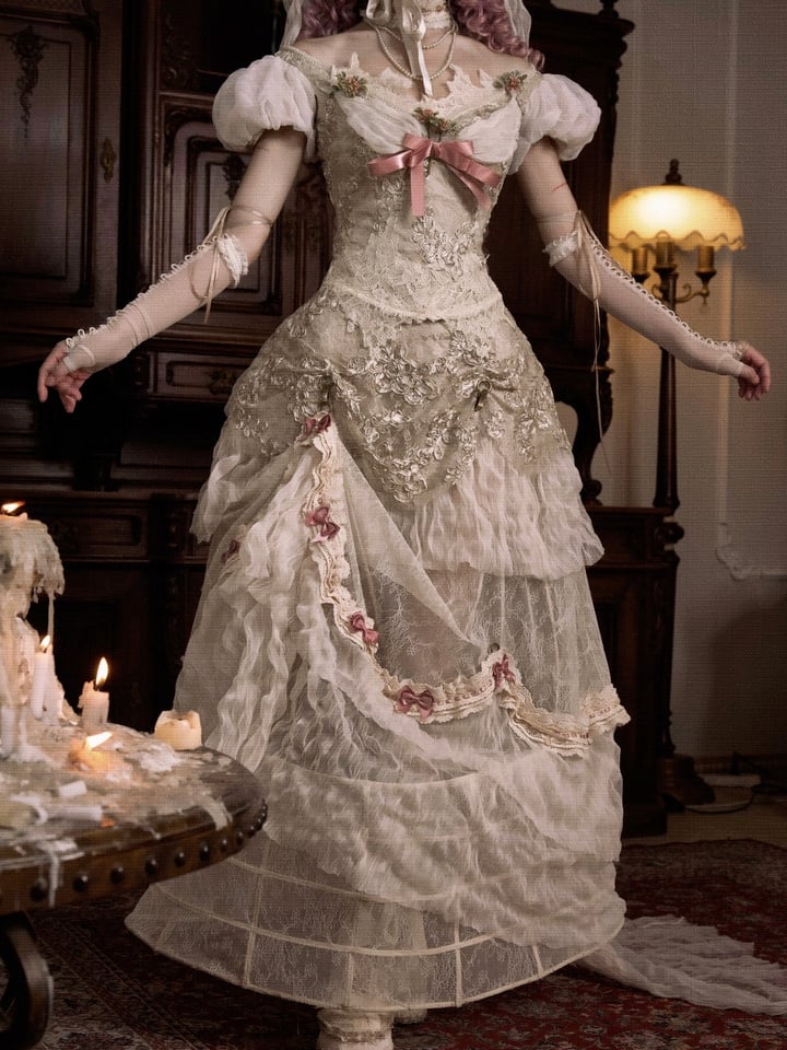 Versatile Lace Patched Vintage Bustle Long Skirt