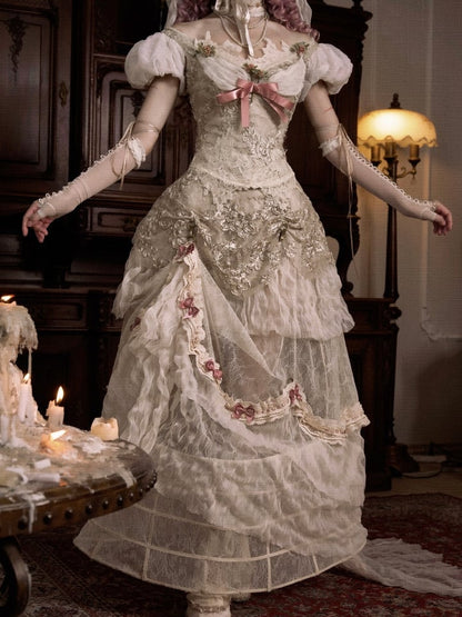 Versatile Lace Patched Vintage Bustle Long Skirt