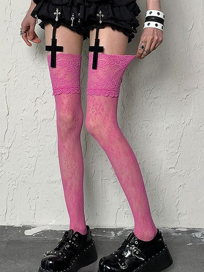 Rose Pink Floral Pattern Lace Trim Y2K Overknee Stockings