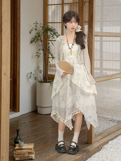 Cheongsam Style Gray Jacquard Asymmetrical Tassel Hem Mori Kei Slip Dress