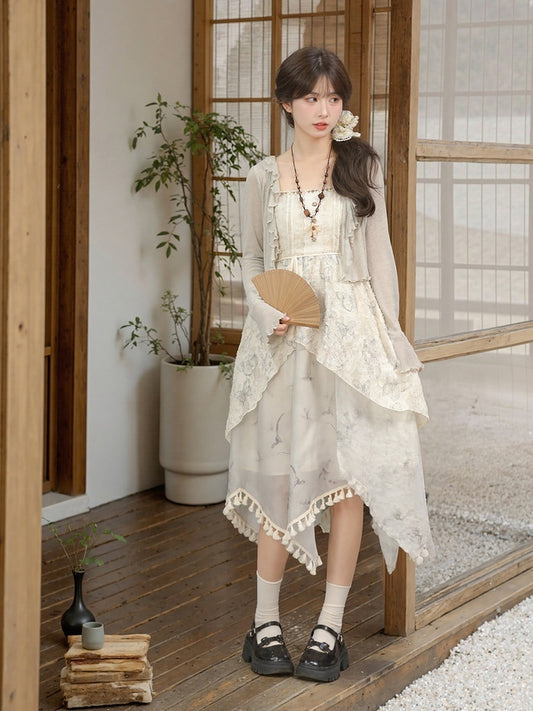 Cheongsam Style Gray Jacquard Asymmetrical Tassel Hem Mori Kei Slip Dress