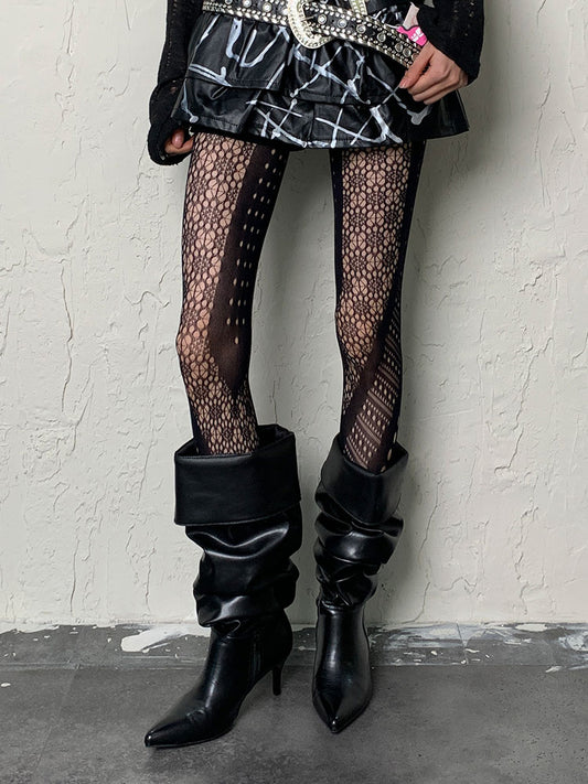 Black Y2K Asymmetrical Design Hollow-out Tights