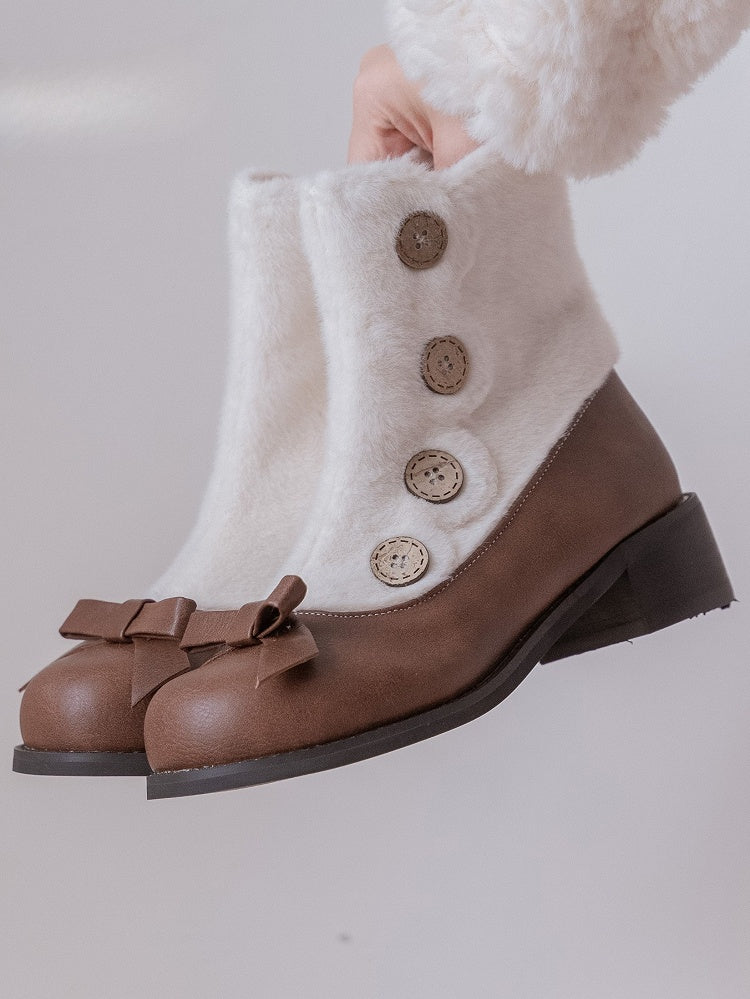 Brown & White Elegant Lolita 4cm/6cm Mid-heel Winter Boots - Plush Lining with Button Accents, Bow Details & Inner Zipper