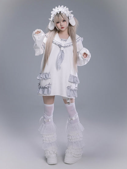 Jirai Kei Sailor Collar Sweatshirt with Dusty Blue Plaid Ruffles with Free Tie