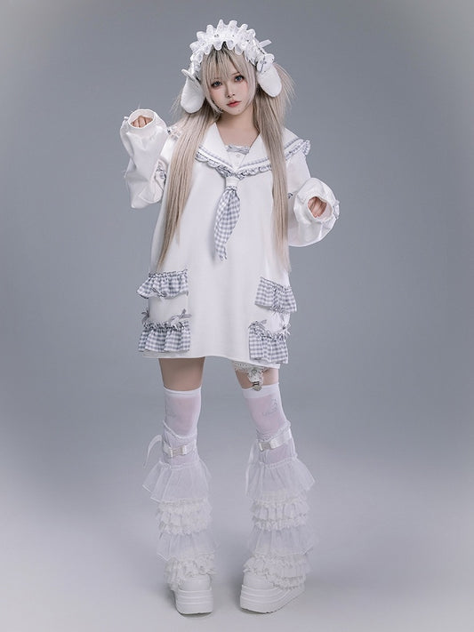 Jirai Kei Sailor Collar Sweatshirt with Dusty Blue Plaid Ruffles with Free Tie