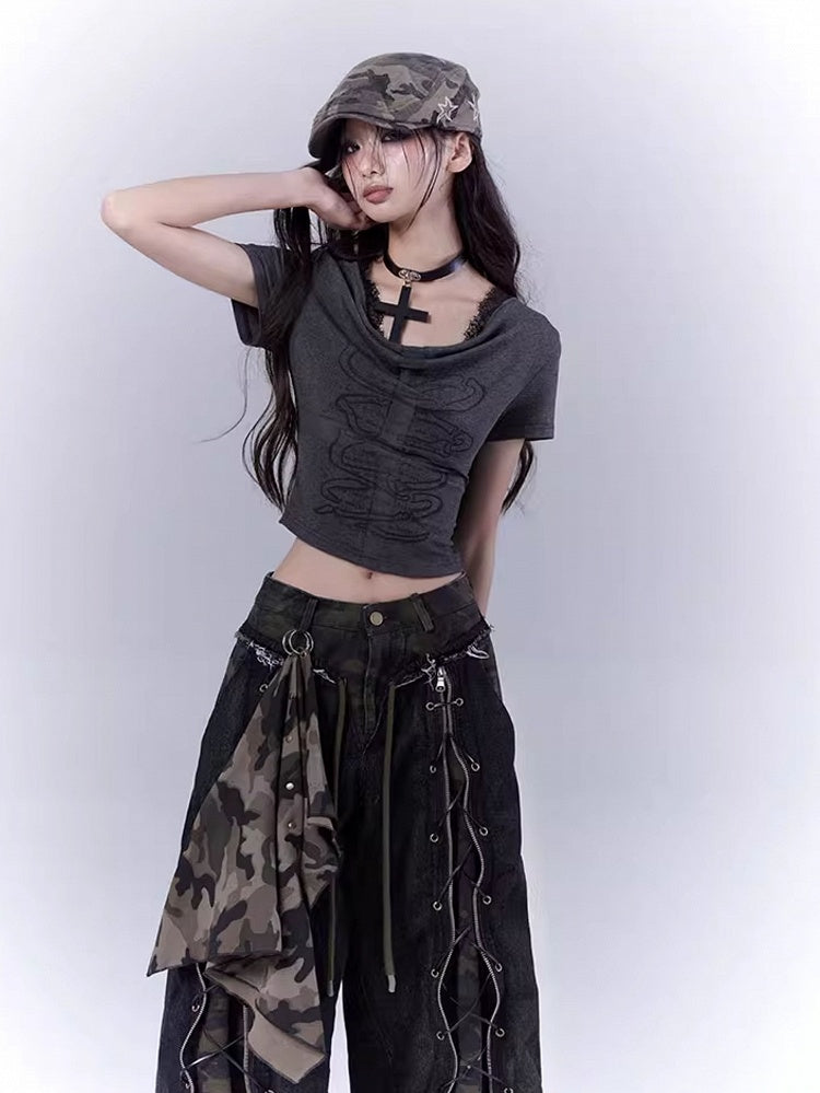 Dark Gray Cowl Neckline Cross Cutout Detail T-Shirt