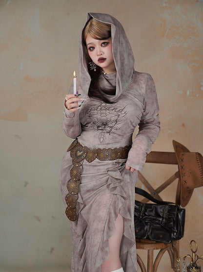 Plus Size Gray Butterfly Skeleton Print Wasteland Punk Side Slit Dress