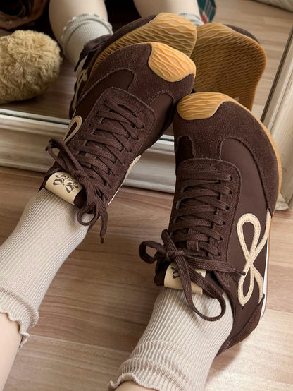Brown Bowknot Design Front Lace-up Ties Sneakers