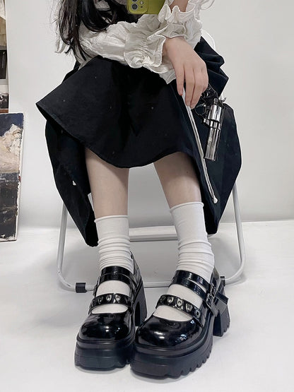 Black Heart-shaped Silver-toned Grommet Studs Platform Block Heel Mary Janes