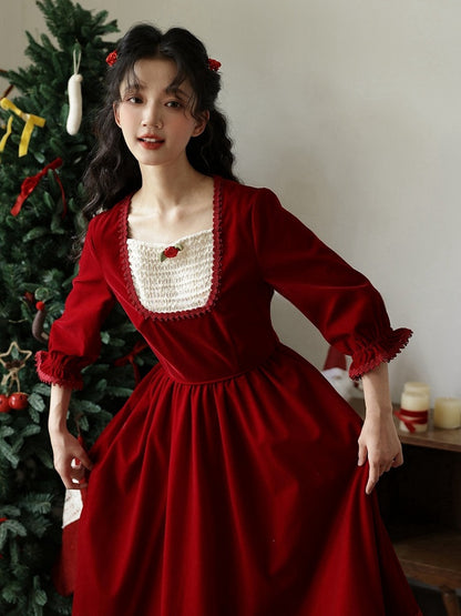Wine Red Vintage Rose Square Neckline Dress