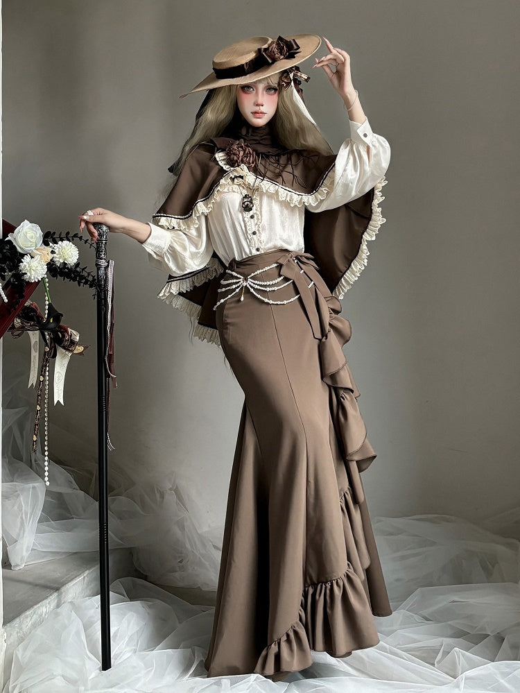 Brown Elegant Lolita Mermaid Skirt with Cascading Ruffles
