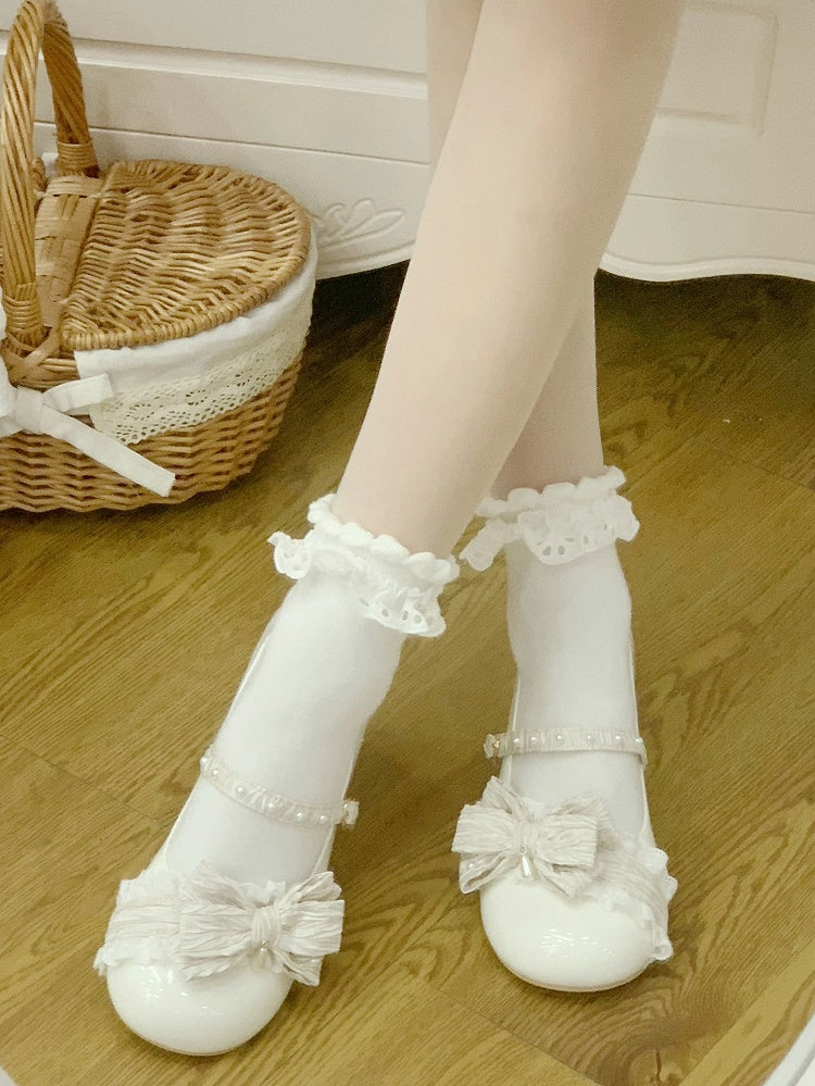 White Beaded Decorated Bow at Top 2.5CM/5CM Block Heels Round Toe Shoes