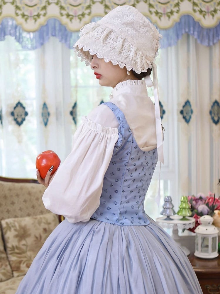 Bavarian Landhaus Historical Costume - Light Blue Boned Corset + Skirt + White Shirt + White Lace Bonnet